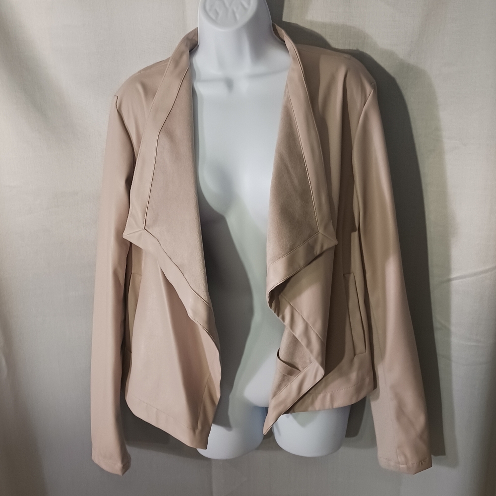 BB Dakota Women's Faux Leather & Stretch Sleeves Draped Open Jacket w/Pockets Lg